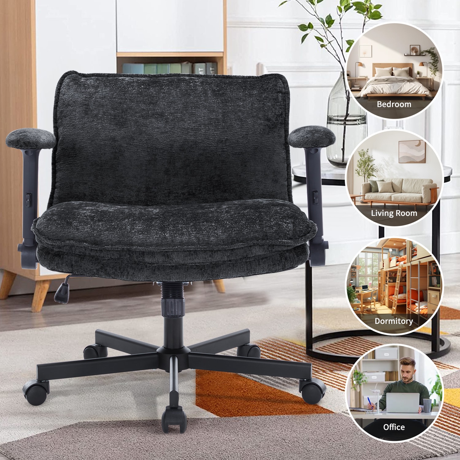 FanciSpot Cross Legged Office Chair, Height Adjustable Swivel Desk Chair With Flip-Up Arms, Padded Criss Cross Chair For Home Office & Bedroom_maomaolike.com